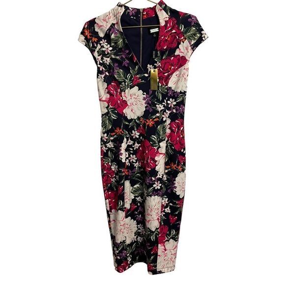 ALEXIA ADMOR Magenta Floral Sheath Scuba Midi Dress Size MED NWT - Picture 1 of 8